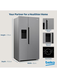 Beko Refrigerator 664 Liters Gross(525 Net) Capacity, Side by Side, No Frost, Harvest Fresh Technology, NeoFrost Dual Cooling, Low Noise, Ice and Water Dispenser, 10 Years Warranty on ProSmart Inverter Compressor GNE753DIX Titanium Inox  - Image 4