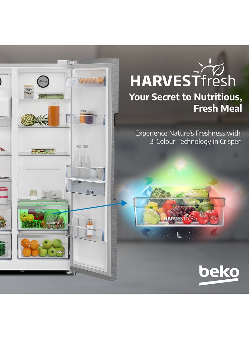 Beko - Refrigerator 664 Liters Gross(525 Net) Capacity, Side by Side, No Frost, Harvest Fresh Technology, NeoFrost Dual Cooling, Low Noise, Ice and Water Dispenser, 10 Years Warranty on ProSmart Inverter Compressor GNE753DIX Titanium Inox - Image 1