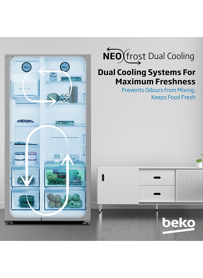 Refrigerator 664 Liters Gross(525 Net) Capacity, Side by Side, No Frost, Harvest Fresh Technology, NeoFrost Dual Cooling, Low Noise, Ice and Water Dispenser, 10 Years Warranty on ProSmart Inverter Compressor GNE753DIX Titanium Inox