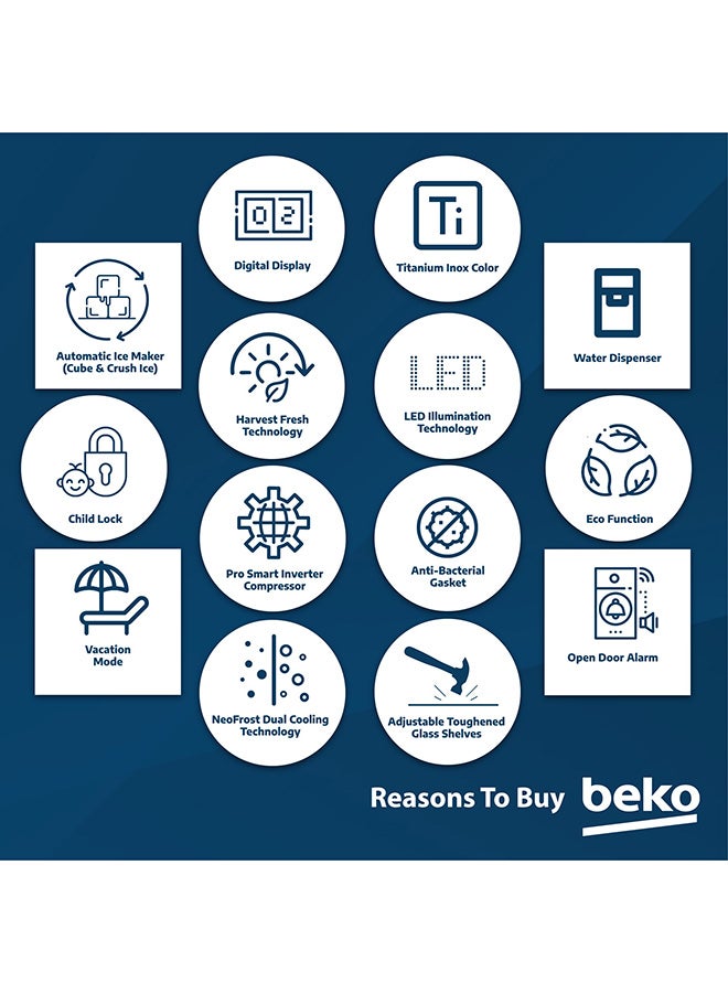 Beko Refrigerator 664 Liters Gross(525 Net) Capacity, Side by Side, No Frost, Harvest Fresh Technology, NeoFrost Dual Cooling, Low Noise, Ice and Water Dispenser, 10 Years Warranty on ProSmart Inverter Compressor GNE753DIX Titanium Inox  - Image 5