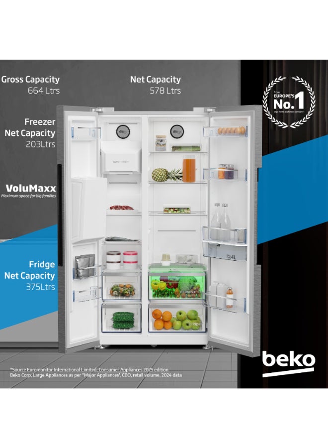 بيكو ثلاجة بسعة 664 لتر إجمالي (525 صافي)، جنبًا إلى جنب، بدون صقيع، تقنية الحصاد الطازج، تبريد مزدوج نيو فروس، ضوضاء منخفضة، موزع ثلج وماء، ضمان 10 سنوات على ضاغط العاكس برو سمارت - - Image 2