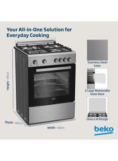 بيكو 60x60cm Free Standing Gas Cooker, Full Safety, 4 High Efficiency Gas Burner(1 Wok), Cast Iron Pan Support, Conventional Fan Oven, 64 liters Oven Capacity, Catalytic Self Cleaning Oven Walls, Removable Door Glass for Cleaning FSHT61121DXL Stainless Steel  - Image 4
