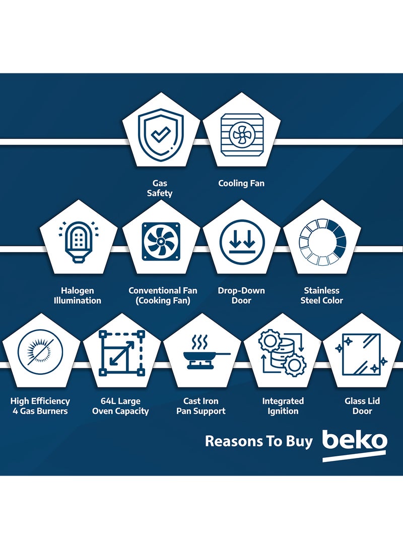 Beko - 60x60cm Free Standing Gas Cooker, Full Safety, 4 High Efficiency Gas Burner(1 Wok), Cast Iron Pan Support, Conventional Fan Oven, 64 liters Oven Capacity, Catalytic Self Cleaning Oven Walls, Removable Door Glass for Cleaning FSHT61121DXL Stainless Steel - Image 1