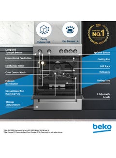 بيكو 60x60cm Free Standing Gas Cooker, Full Safety, 4 High Efficiency Gas Burner(1 Wok), Cast Iron Pan Support, Conventional Fan Oven, 64 liters Oven Capacity, Catalytic Self Cleaning Oven Walls, Removable Door Glass for Cleaning FSHT61121DXL Stainless Steel  - Image 2