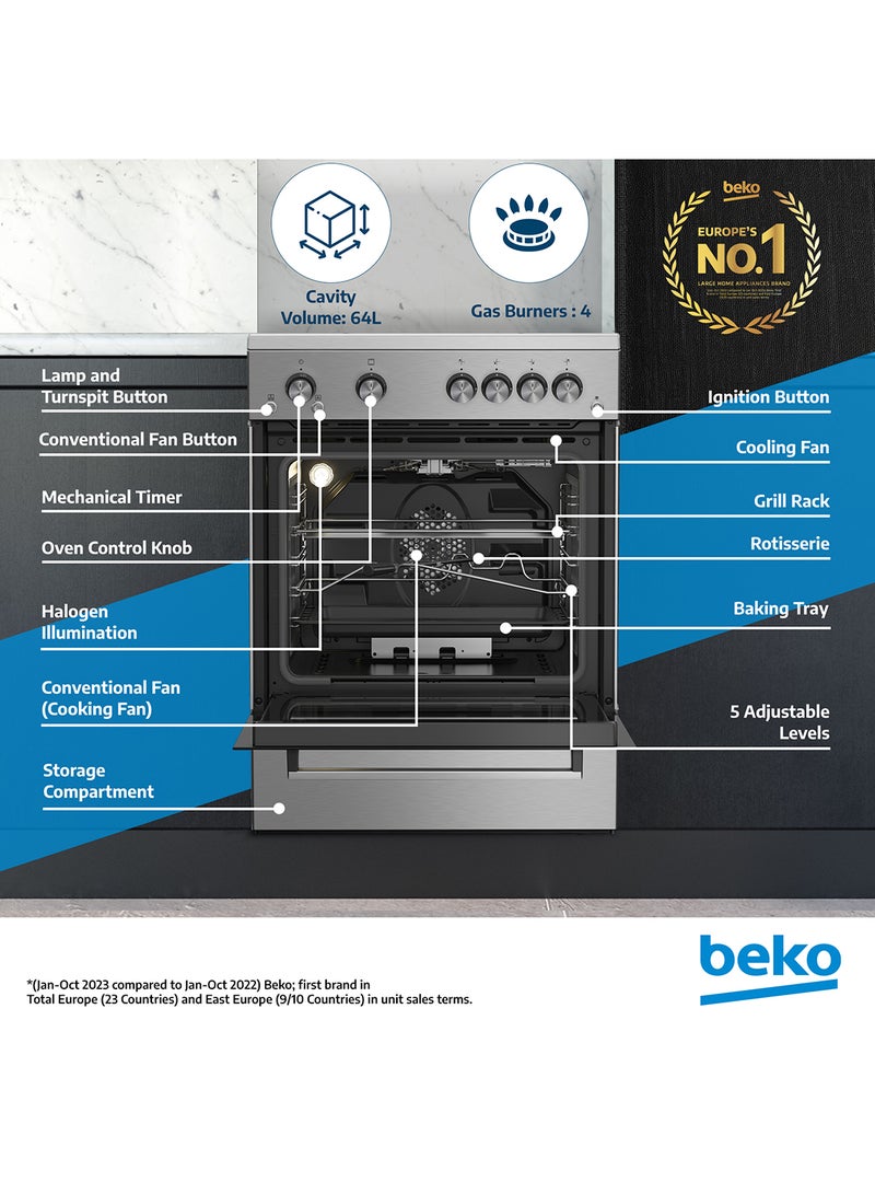 Beko - 60x60cm Free Standing Gas Cooker, Full Safety, 4 High Efficiency Gas Burner(1 Wok), Cast Iron Pan Support, Conventional Fan Oven, 64 liters Oven Capacity, Catalytic Self Cleaning Oven Walls, Removable Door Glass for Cleaning FSHT61121DXL Stainless Steel - Image 1