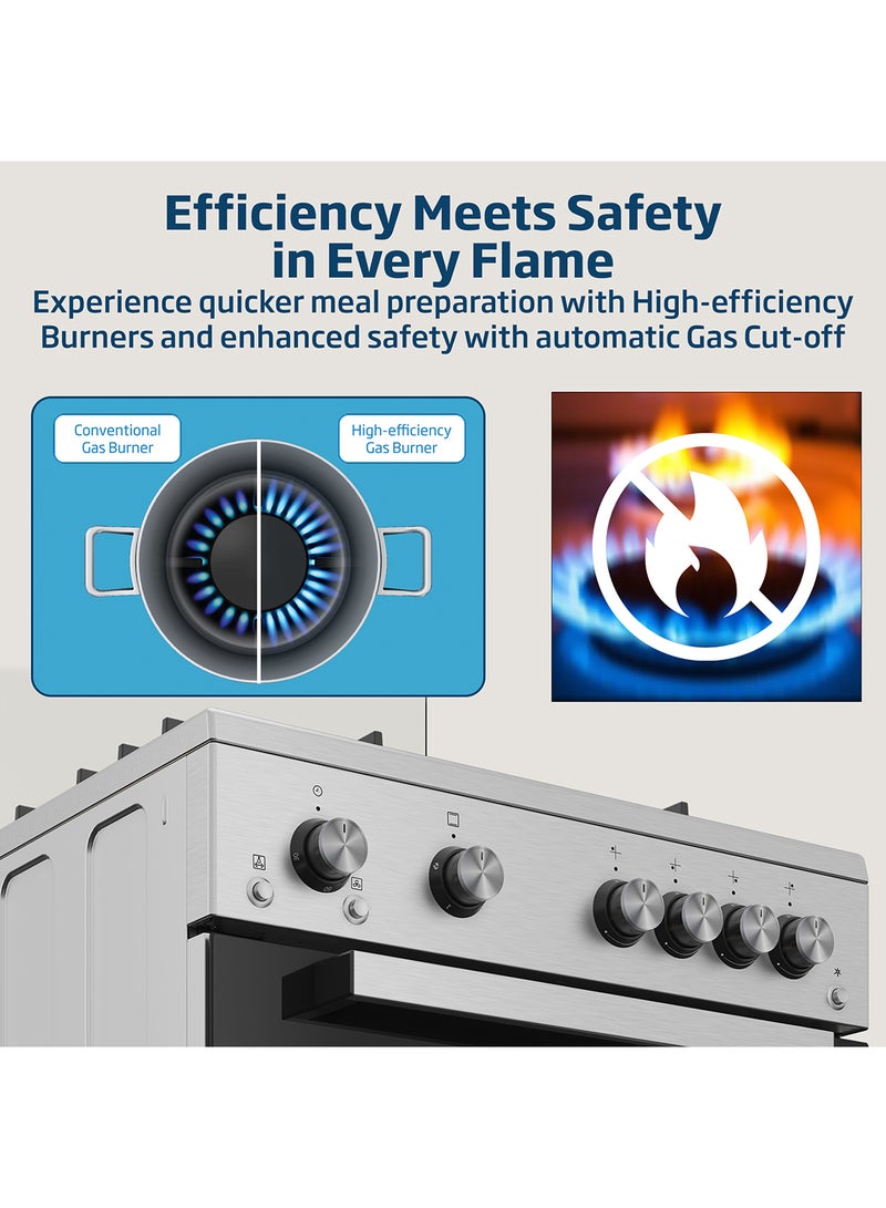 Beko - 60x60cm Free Standing Gas Cooker, Full Safety, 4 High Efficiency Gas Burner(1 Wok), Cast Iron Pan Support, Conventional Fan Oven, 64 liters Oven Capacity, Catalytic Self Cleaning Oven Walls, Removable Door Glass for Cleaning FSHT61121DXL Stainless Steel - Image 1