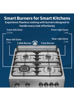 بيكو 60x60cm Free Standing Gas Cooker, Full Safety, 4 High Efficiency Gas Burner(1 Wok), Cast Iron Pan Support, Conventional Fan Oven, 64 liters Oven Capacity, Catalytic Self Cleaning Oven Walls, Removable Door Glass for Cleaning FSHT61121DXL Stainless Steel  - Image 3