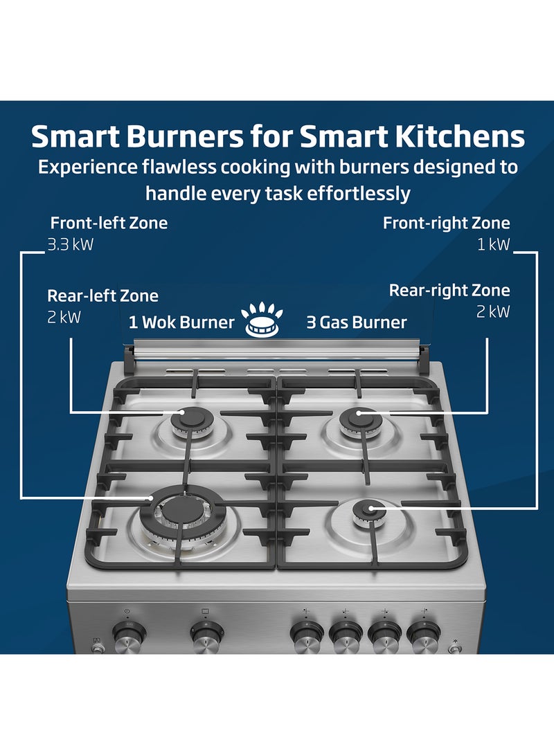 Beko - 60x60cm Free Standing Gas Cooker, Full Safety, 4 High Efficiency Gas Burner(1 Wok), Cast Iron Pan Support, Conventional Fan Oven, 64 liters Oven Capacity, Catalytic Self Cleaning Oven Walls, Removable Door Glass for Cleaning FSHT61121DXL Stainless Steel - Image 1