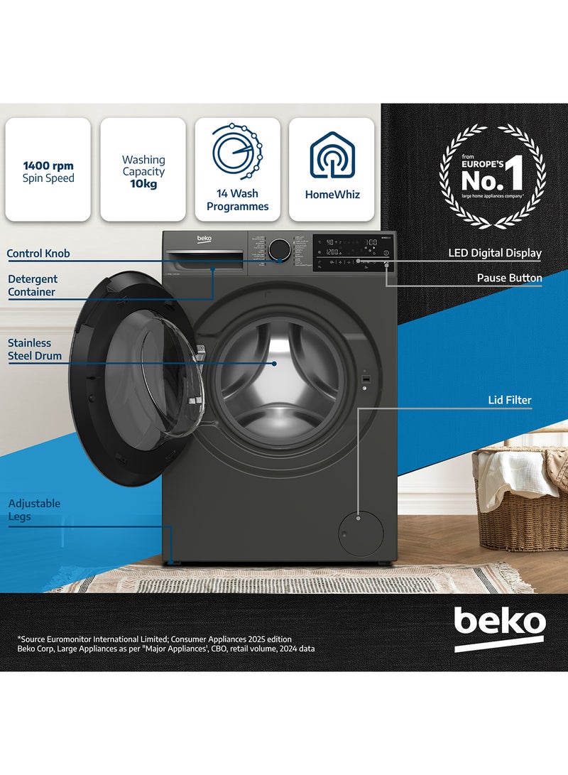 Beko 10 kg Front Load Washing Machine, 1400 RPM, 15 Programmes, Low Noise, Quick wash 14/28 Minutes, AquaTech Technology, SteamTherapy, StainExpert, Digital Display, DrumClean Function, HomeWhiz, 10 Years Warranty on ProSmart Inverter Motor 9 kg WTE1014XM Manhattan Grey  - Image 2