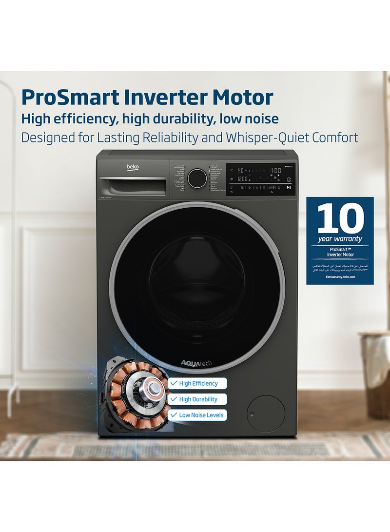 Beko - 10 kg Front Load Washing Machine, 1400 RPM, 15 Programmes, Low Noise, Quick wash 14/28 Minutes, AquaTech Technology, SteamTherapy, StainExpert, Digital Display, DrumClean Function, HomeWhiz, 10 Years Warranty on ProSmart Inverter Motor 9 kg WTE1014XM Manhattan Grey - Image 1
