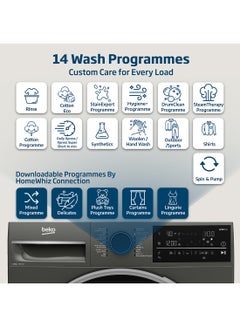 Beko 10 kg Front Load Washing Machine, 1400 RPM, 15 Programmes, Low Noise, Quick wash 14/28 Minutes, AquaTech Technology, SteamTherapy, StainExpert, Digital Display, DrumClean Function, HomeWhiz, 10 Years Warranty on ProSmart Inverter Motor 9 kg WTE1014XM Manhattan Grey  - Image 3