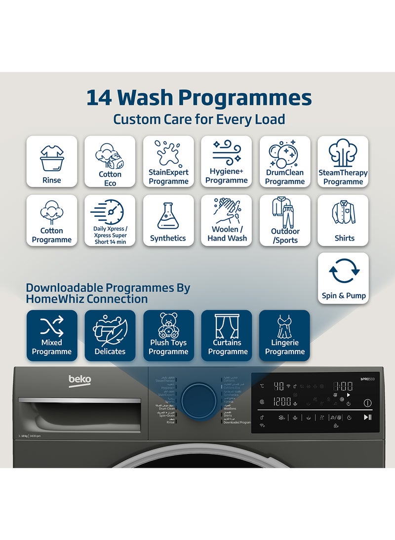 Beko 10 kg Front Load Washing Machine, 1400 RPM, 15 Programmes, Low Noise, Quick wash 14/28 Minutes, AquaTech Technology, SteamTherapy, StainExpert, Digital Display, DrumClean Function, HomeWhiz, 10 Years Warranty on ProSmart Inverter Motor 9 kg WTE1014XM Manhattan Grey  - Image 3