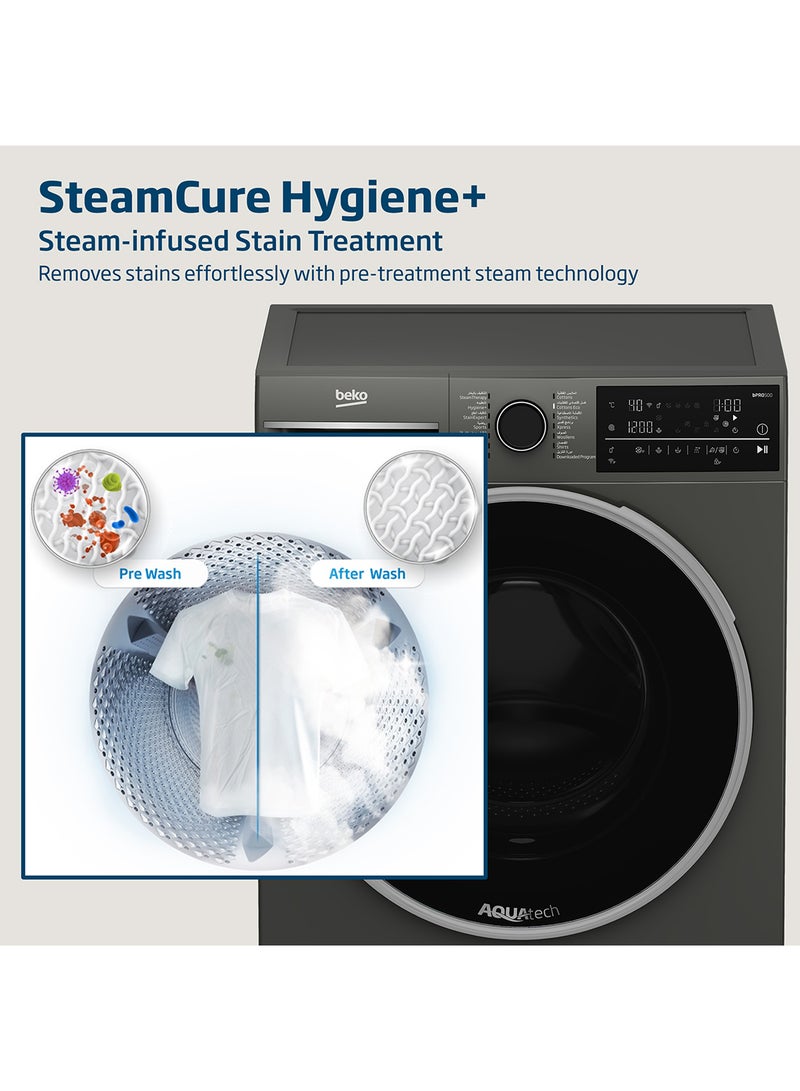 Beko - 10 kg Front Load Washing Machine, 1400 RPM, 15 Programmes, Low Noise, Quick wash 14/28 Minutes, AquaTech Technology, SteamTherapy, StainExpert, Digital Display, DrumClean Function, HomeWhiz, 10 Years Warranty on ProSmart Inverter Motor 9 kg WTE1014XM Manhattan Grey - Image 1