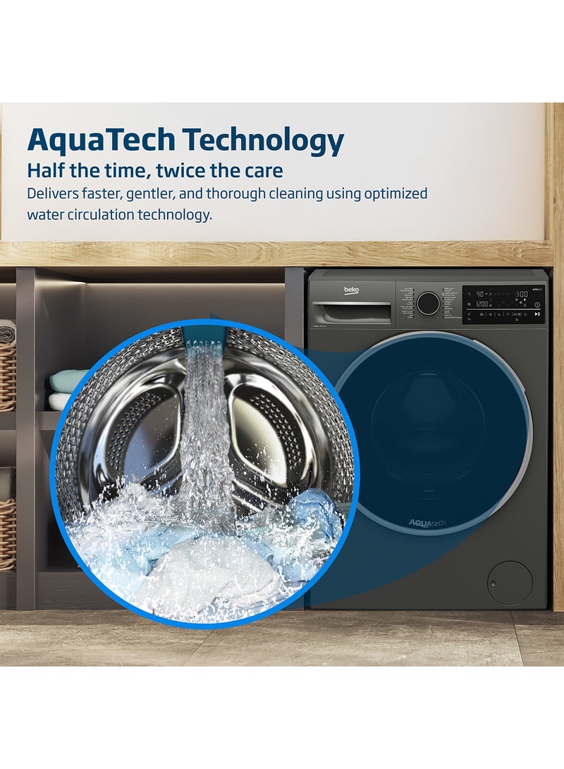Beko - 10 kg Front Load Washing Machine, 1400 RPM, 15 Programmes, Low Noise, Quick wash 14/28 Minutes, AquaTech Technology, SteamTherapy, StainExpert, Digital Display, DrumClean Function, HomeWhiz, 10 Years Warranty on ProSmart Inverter Motor 9 kg WTE1014XM Manhattan Grey - Image 1