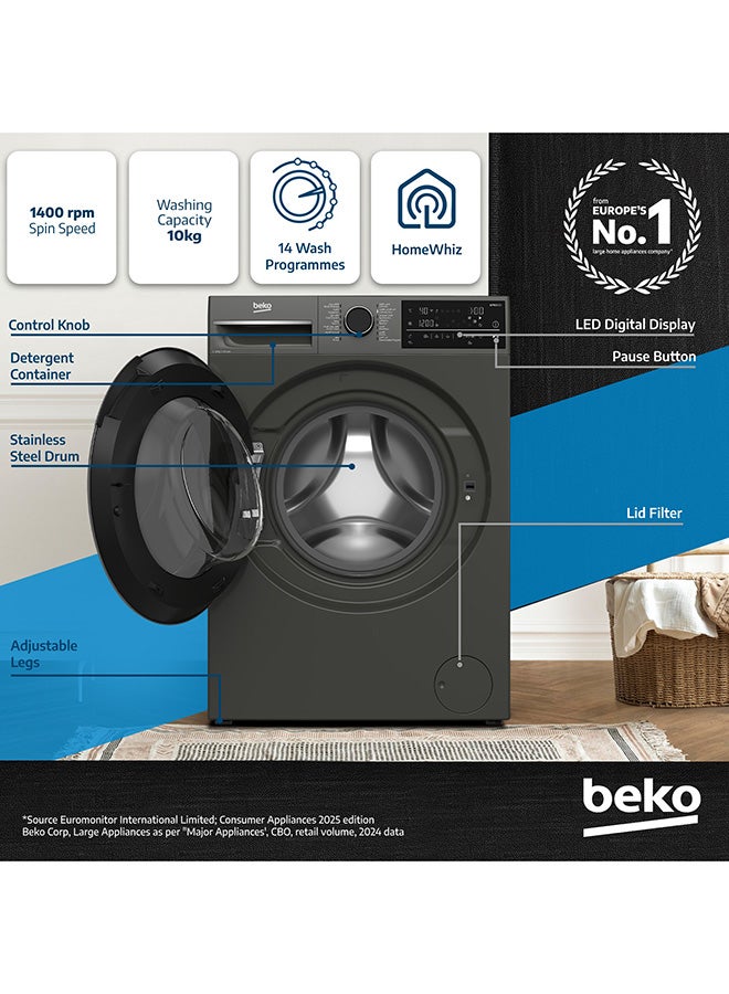 Beko 10 kg Front Load Washing Machine, 1400 RPM, 15 Programmes, Low Noise, Quick wash 14/28 Minutes, AquaTech Technology, SteamTherapy, StainExpert, Digital Display, DrumClean Function, HomeWhiz, 10 Years Warranty on ProSmart Inverter Motor 9 kg WTE1014XM Manhattan Grey  - Image 2