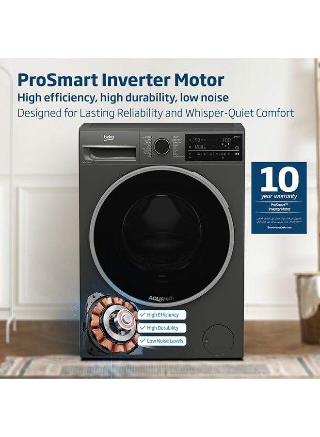 10 kg Front Load Washing Machine, 1400 RPM, 15 Programmes, Low Noise, Quick wash 14/28 Minutes, AquaTech Technology, SteamTherapy, StainExpert, Digital Display, DrumClean Function, HomeWhiz, 10 Years Warranty on ProSmart Inverter Motor 9 kg WTE1014XM Manhattan Grey