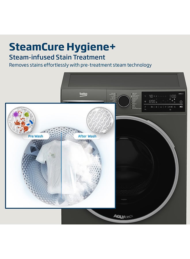 10 kg Front Load Washing Machine, 1400 RPM, 15 Programmes, Low Noise, Quick wash 14/28 Minutes, AquaTech Technology, SteamTherapy, StainExpert, Digital Display, DrumClean Function, HomeWhiz, 10 Years Warranty on ProSmart Inverter Motor 9 kg WTE1014XM Manhattan Grey