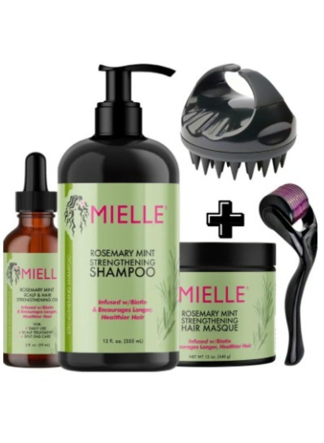 MIELLE Organics Rosemary Mint Strengthening Full Set 5 - Rosemary Hair Oil, Shampoo, Hair Mask, Derma Ruller And Scrubber - For Hair Growth, Protection & Treatment - Infused With Biotin 754 mlml  - Image 1