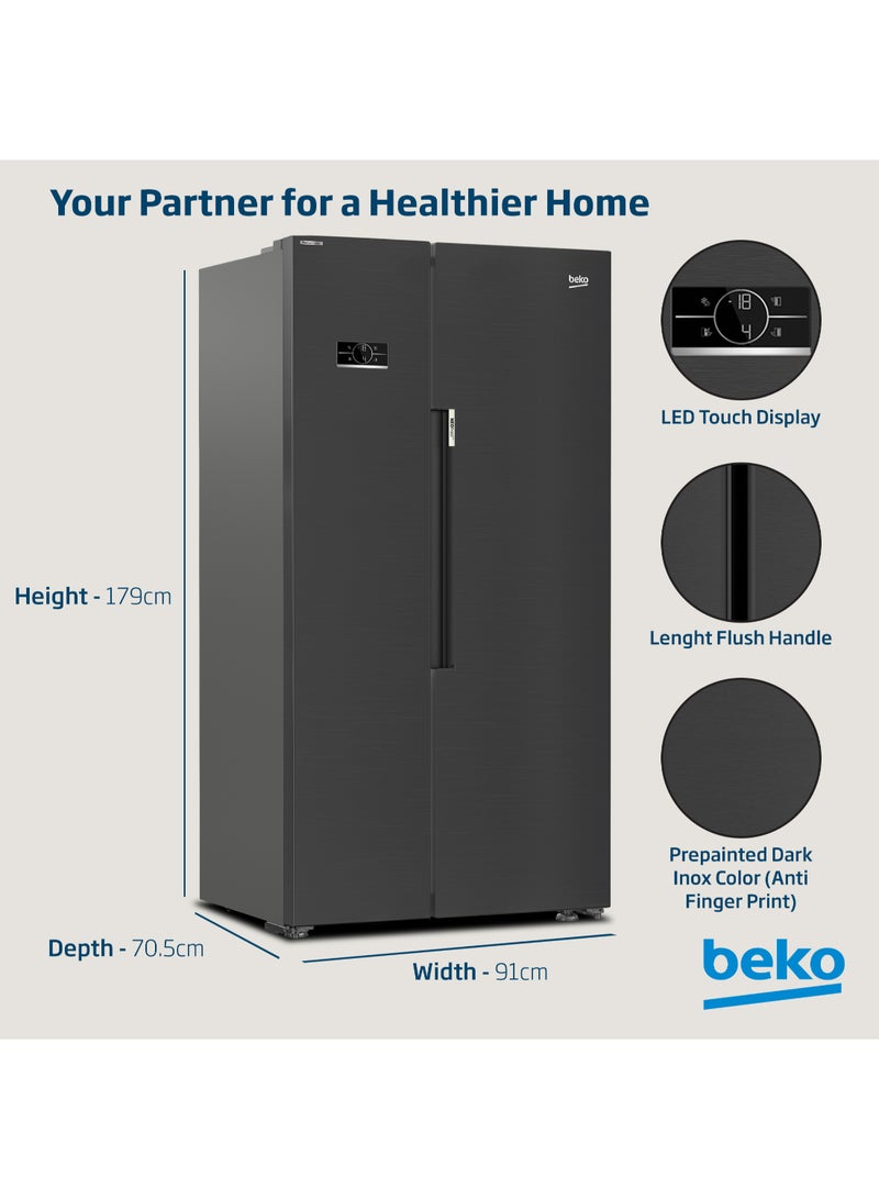 بيكو - Refrigerator 635 Liters Gross(558 Net) Capacity, Side by Side, No Frost, Harvest Fresh Technology, NeoFrost Dual Cooling, Low Noise, 10 Years Warranty on ProSmart Inverter Compressor GNE741PP Prepainted Dark Inox - Image 1