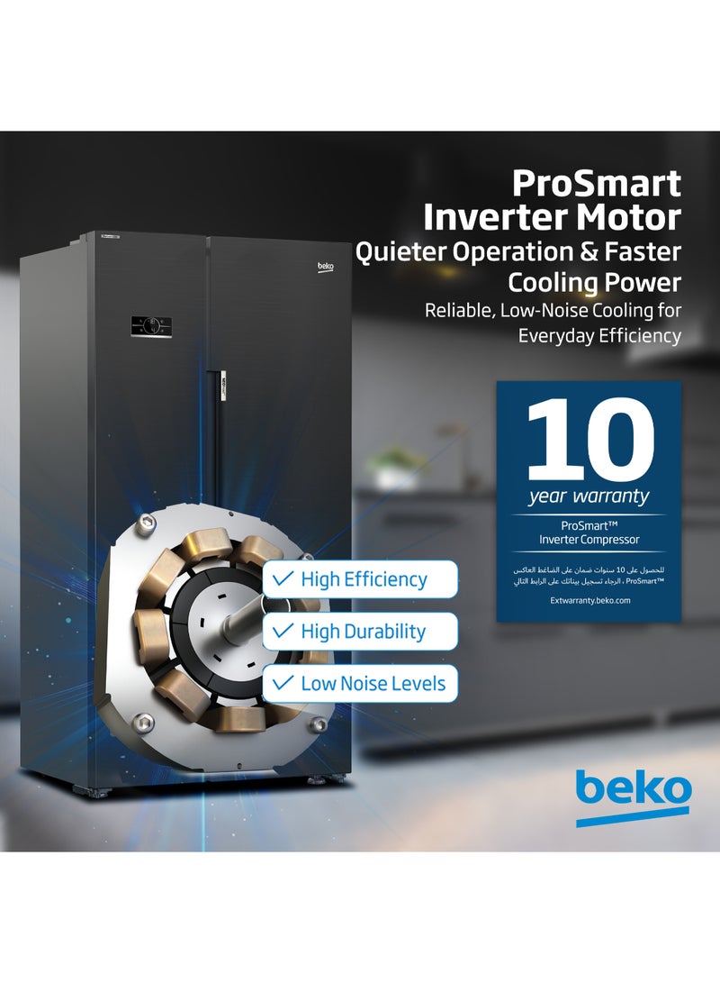 بيكو - Refrigerator 635 Liters Gross(558 Net) Capacity, Side by Side, No Frost, Harvest Fresh Technology, NeoFrost Dual Cooling, Low Noise, 10 Years Warranty on ProSmart Inverter Compressor GNE741PP Prepainted Dark Inox - Image 1