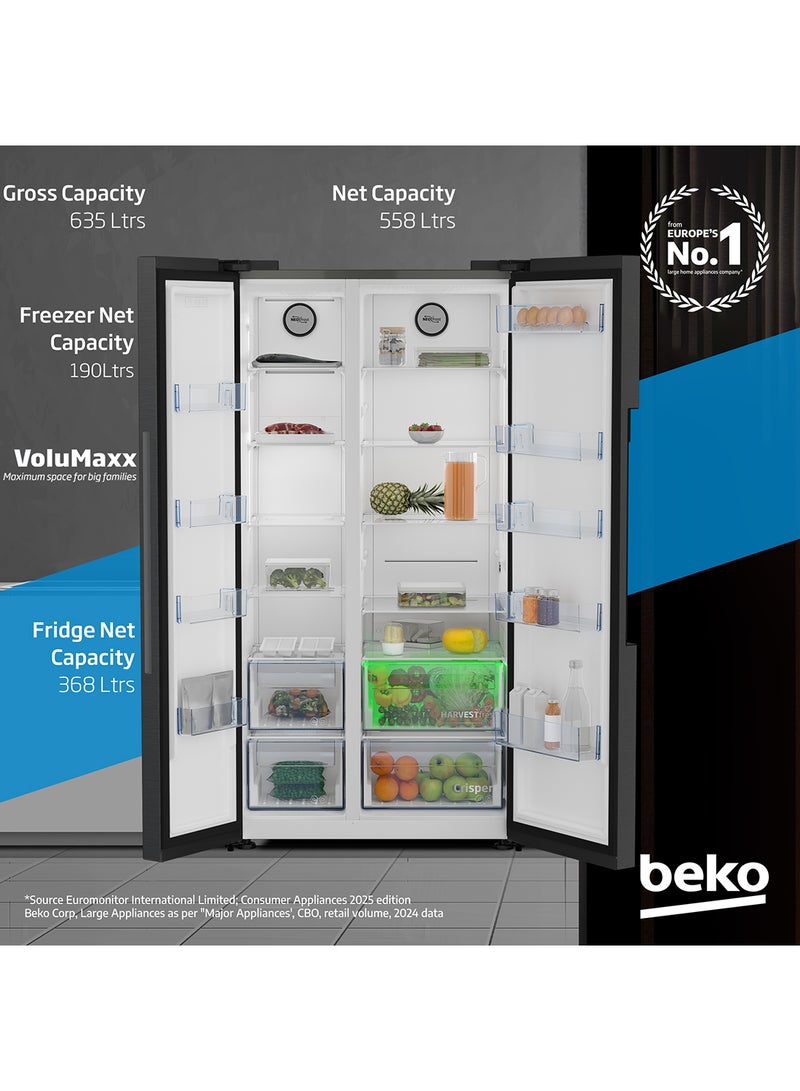 Beko Refrigerator 635 Liters Gross(558 Net) Capacity, Side by Side, No Frost, Harvest Fresh Technology, NeoFrost Dual Cooling, Low Noise, 10 Years Warranty on ProSmart Inverter Compressor GNE741PP Prepainted Dark Inox  - Image 2