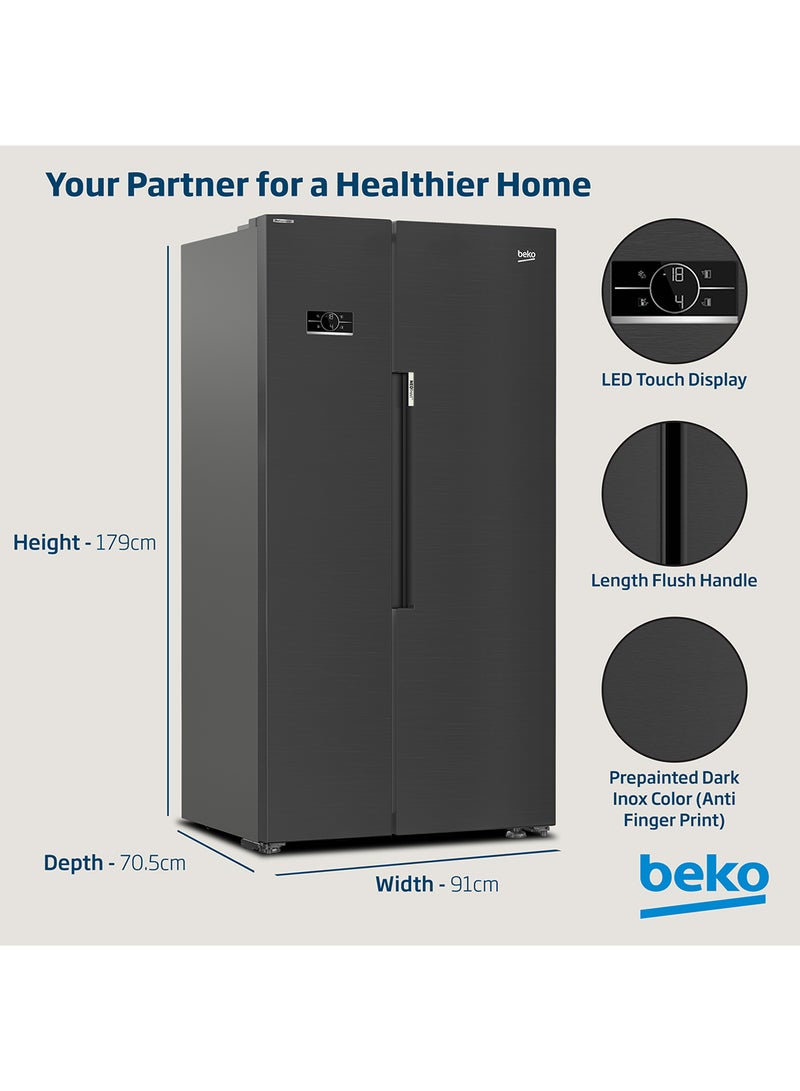 Beko Refrigerator 635 Liters Gross(558 Net) Capacity, Side by Side, No Frost, Harvest Fresh Technology, NeoFrost Dual Cooling, Low Noise, 10 Years Warranty on ProSmart Inverter Compressor GNE741PP Prepainted Dark Inox  - Image 4