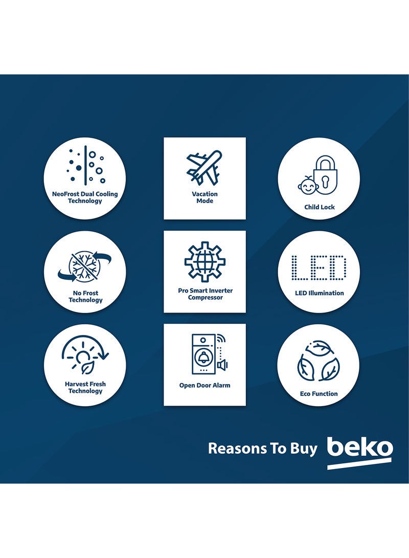 Beko Refrigerator 635 Liters Gross(558 Net) Capacity, Side by Side, No Frost, Harvest Fresh Technology, NeoFrost Dual Cooling, Low Noise, 10 Years Warranty on ProSmart Inverter Compressor GNE741PP Prepainted Dark Inox  - Image 5