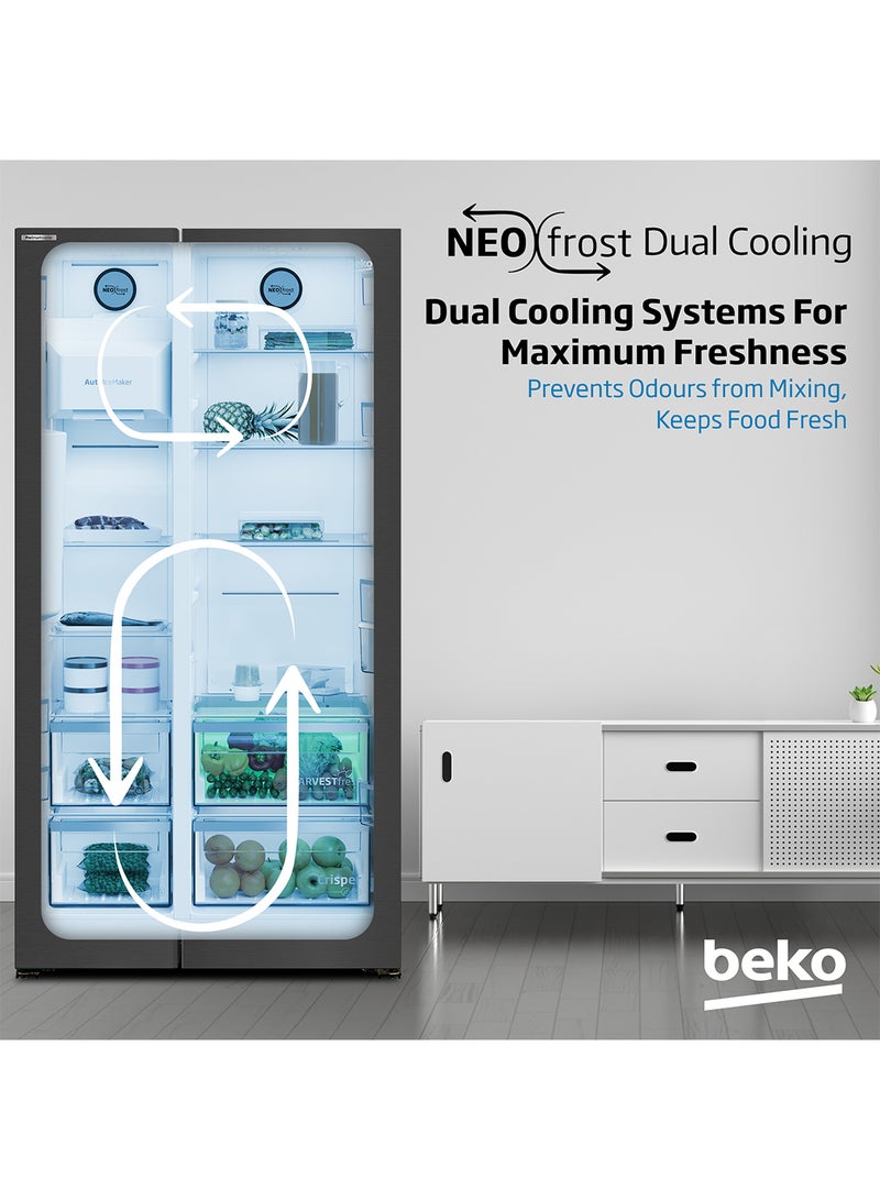 Beko - Refrigerator 635 Liters Gross(558 Net) Capacity, Side by Side, No Frost, Harvest Fresh Technology, NeoFrost Dual Cooling, Low Noise, 10 Years Warranty on ProSmart Inverter Compressor GNE741PP Prepainted Dark Inox - Image 1