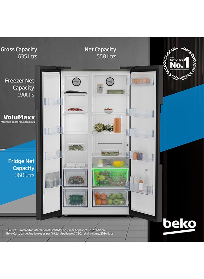Refrigerator 635 Liters Gross(558 Net) Capacity, Side by Side, No Frost, Harvest Fresh Technology, NeoFrost Dual Cooling, Low Noise, 10 Years Warranty on ProSmart Inverter Compressor GNE741PP Prepainted Dark Inox