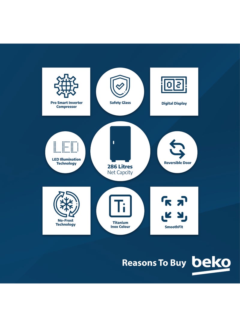 Beko - Upright Freezer 313 Liters Gross(286 Net) Capacity, Single Door, No Frost, Low noise, Reversible Door, Smooth Fit, 10 Years Warranty on ProSmart Inverter Compressor RFNE360X Titanium Inox - Image 1