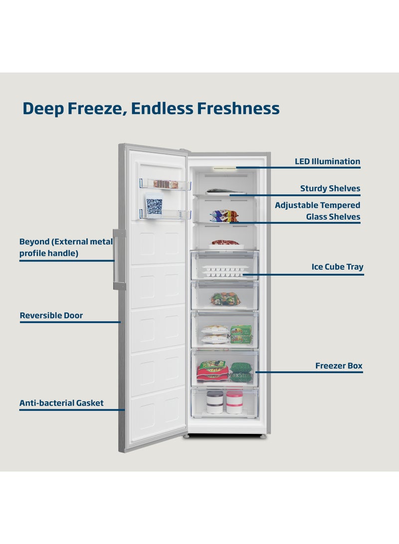 Beko - Upright Freezer 313 Liters Gross(286 Net) Capacity, Single Door, No Frost, Low noise, Reversible Door, Smooth Fit, 10 Years Warranty on ProSmart Inverter Compressor RFNE360X Titanium Inox - Image 1