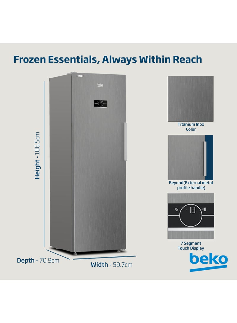 Beko - Upright Freezer 313 Liters Gross(286 Net) Capacity, Single Door, No Frost, Low noise, Reversible Door, Smooth Fit, 10 Years Warranty on ProSmart Inverter Compressor RFNE360X Titanium Inox - Image 1