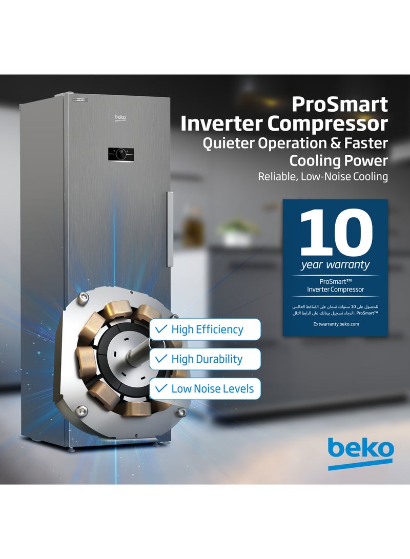 Beko - Upright Freezer 313 Liters Gross(286 Net) Capacity, Single Door, No Frost, Low noise, Reversible Door, Smooth Fit, 10 Years Warranty on ProSmart Inverter Compressor RFNE360X Titanium Inox - Image 1