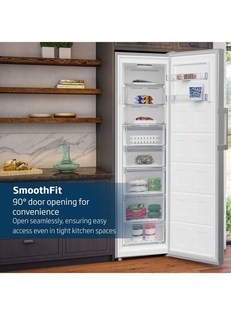 Beko - Upright Freezer 313 Liters Gross(286 Net) Capacity, Single Door, No Frost, Low noise, Reversible Door, Smooth Fit, 10 Years Warranty on ProSmart Inverter Compressor RFNE360X Titanium Inox - Image 1