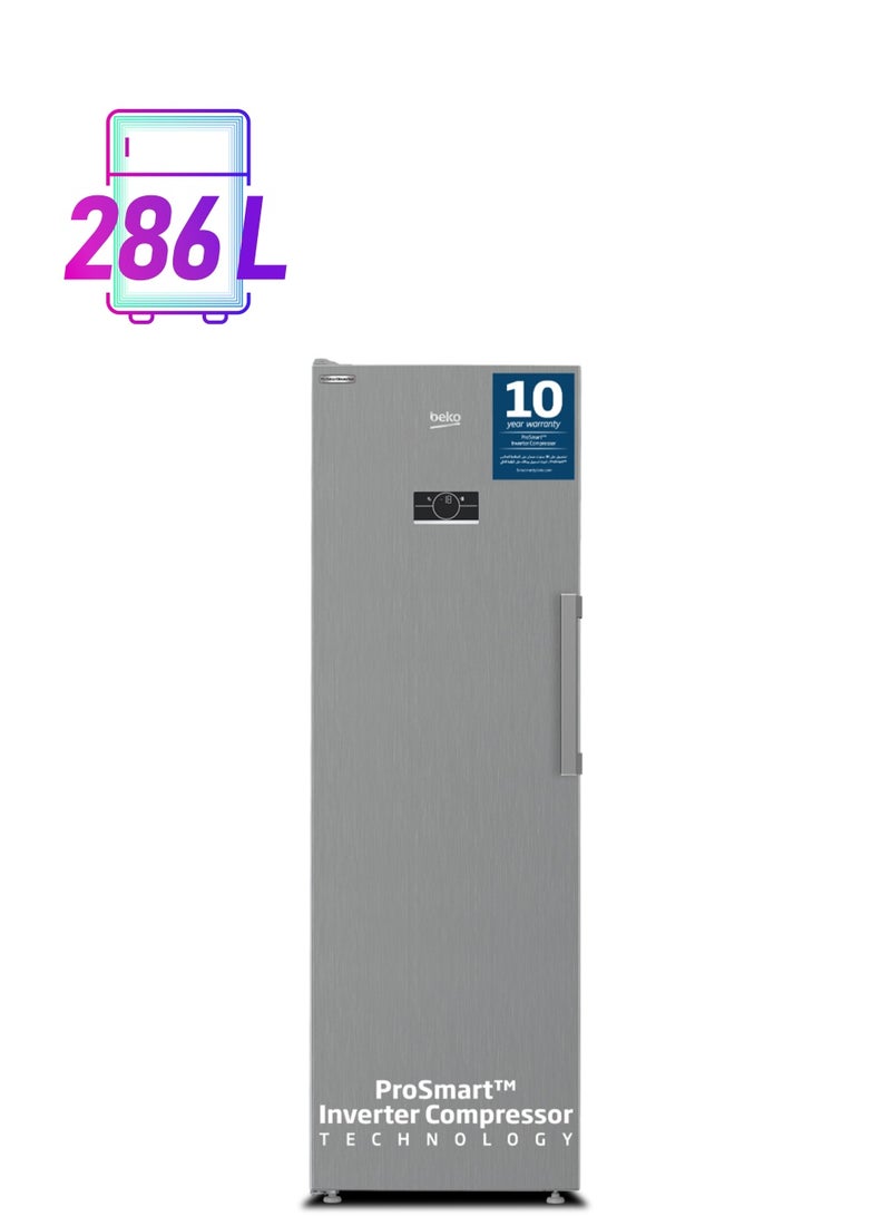Beko - Upright Freezer 313 Liters Gross(286 Net) Capacity, Single Door, No Frost, Low noise, Reversible Door, Smooth Fit, 10 Years Warranty on ProSmart Inverter Compressor RFNE360X Titanium Inox - Image 1