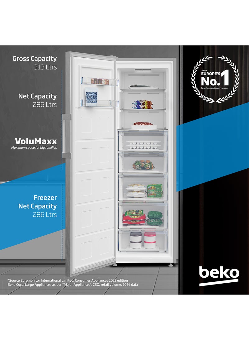 Beko Upright Freezer 313 Liters Gross(286 Net) Capacity, Single Door, No Frost, Low noise, Reversible Door, Smooth Fit, 10 Years Warranty on ProSmart Inverter Compressor RFNE360X Titanium Inox  - Image 2