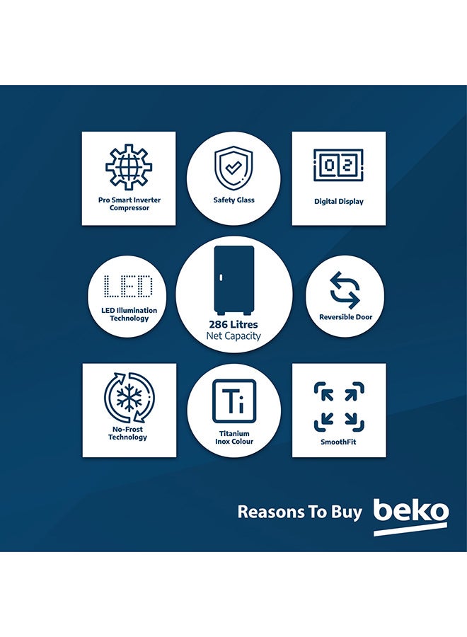 Beko Upright Freezer 313 Liters Gross(286 Net) Capacity, Single Door, No Frost, Low noise, Reversible Door, Smooth Fit, 10 Years Warranty on ProSmart Inverter Compressor RFNE360X Titanium Inox  - Image 5