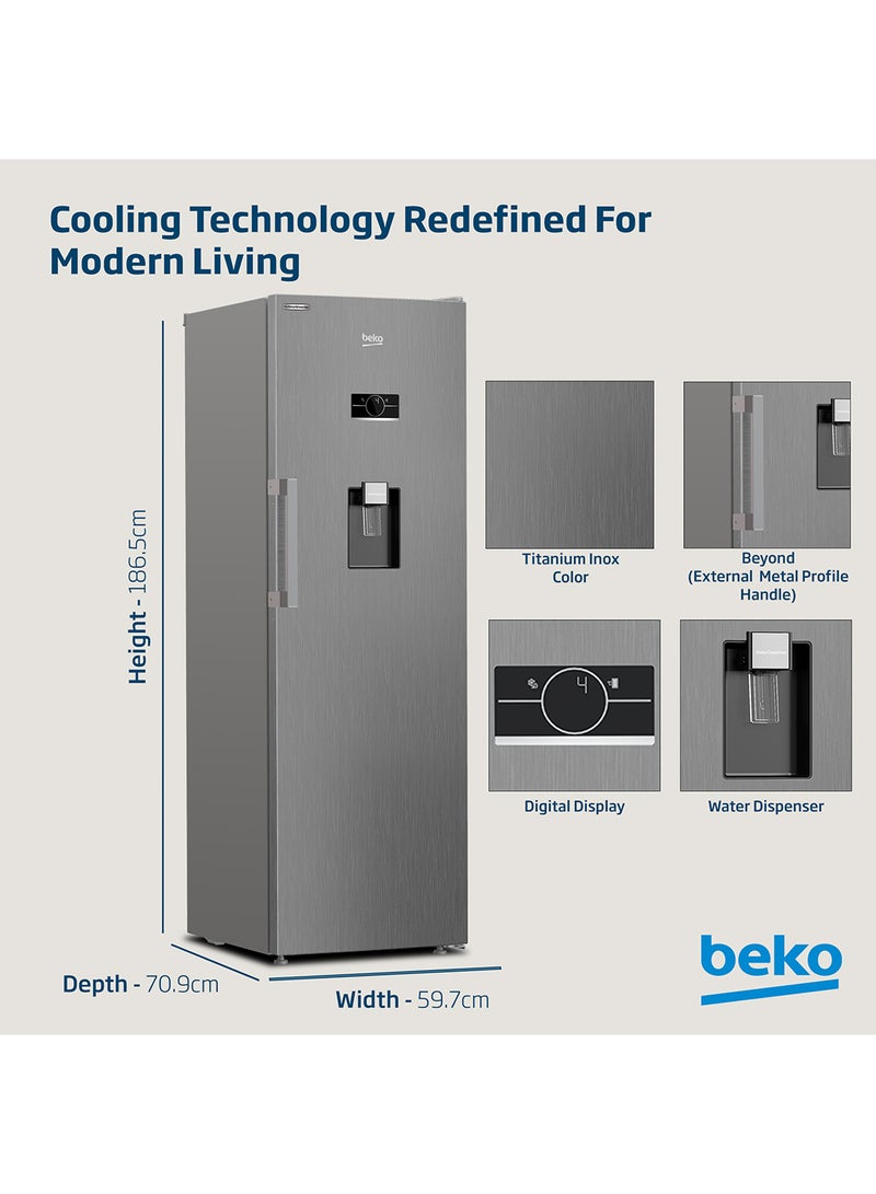 Beko - Upright Refrigerator 447 Liters Gross(365 Net) Capacity, Single Door, No Frost, Harvest Fresh Technology, Low noise, Reversible Door, Smooth Fit, 10 Yeras Warranty on ProSmart Inverter Compressor RLNE500DX Titanium Inox - Image 1
