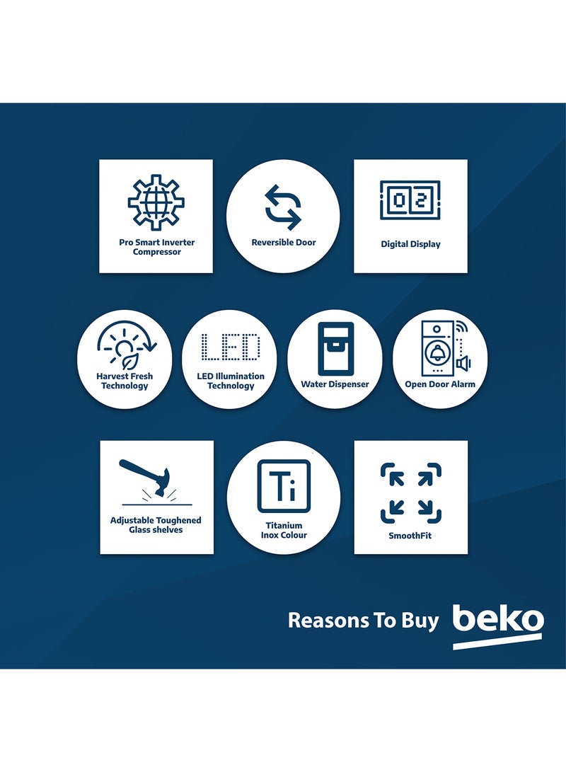 Beko - Upright Refrigerator 447 Liters Gross(365 Net) Capacity, Single Door, No Frost, Harvest Fresh Technology, Low noise, Reversible Door, Smooth Fit, 10 Yeras Warranty on ProSmart Inverter Compressor RLNE500DX Titanium Inox - Image 1