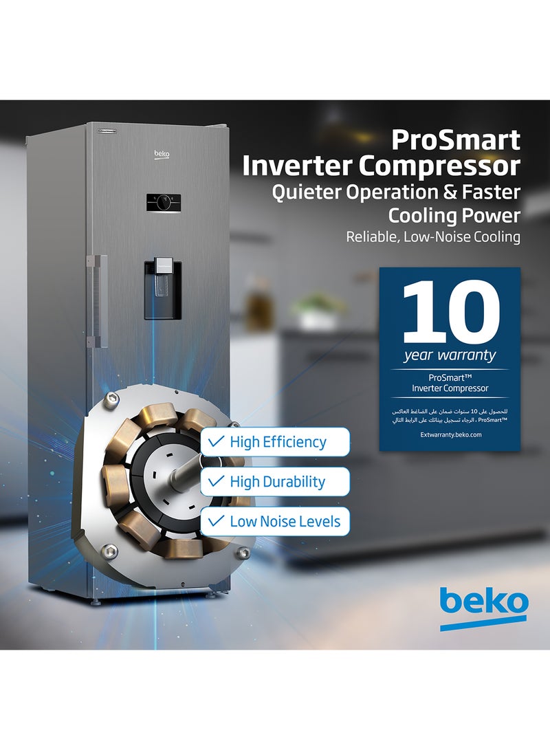 Beko - Upright Refrigerator 447 Liters Gross(365 Net) Capacity, Single Door, No Frost, Harvest Fresh Technology, Low noise, Reversible Door, Smooth Fit, 10 Yeras Warranty on ProSmart Inverter Compressor RLNE500DX Titanium Inox - Image 1