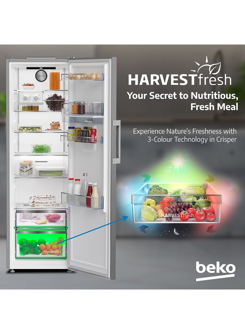Beko - Upright Refrigerator 447 Liters Gross(365 Net) Capacity, Single Door, No Frost, Harvest Fresh Technology, Low noise, Reversible Door, Smooth Fit, 10 Yeras Warranty on ProSmart Inverter Compressor RLNE500DX Titanium Inox - Image 1