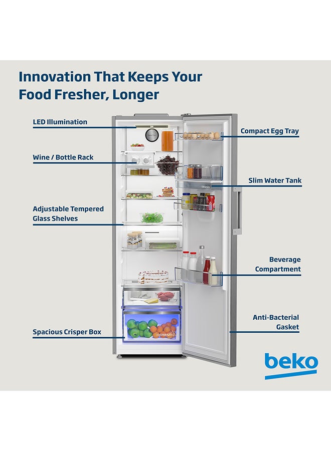 Upright Refrigerator 447 Liters Gross(365 Net) Capacity, Single Door, No Frost, Harvest Fresh Technology, Low noise, Reversible Door, Smooth Fit, 10 Yeras Warranty on ProSmart Inverter Compressor RLNE500DX Titanium Inox