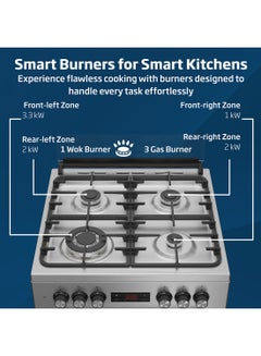 Beko 60x60cm Free Standing Combination Cooker(Gas Hob/Electric Oven), Full Safety, 4 High Efficiency Gas Burner(1 Wok), Cast Iron Pan support,  8 Cooking Multifunction Oven, Pizza Funtion, Conventional Fan Oven, 72 liters Oven Capacity, Steamshine cleaning Oven, Removable Door Glass for Cleaning FSM61330DXDSL Stainless Steel  - Image 3