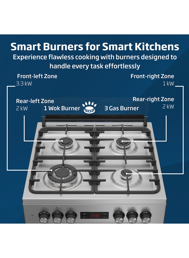 Beko 60x60cm Free Standing Combination Cooker(Gas Hob/Electric Oven), Full Safety, 4 High Efficiency Gas Burner(1 Wok), Cast Iron Pan support,  8 Cooking Multifunction Oven, Pizza Funtion, Conventional Fan Oven, 72 liters Oven Capacity, Steamshine cleaning Oven, Removable Door Glass for Cleaning FSM61330DXDSL Stainless Steel  - Image 3