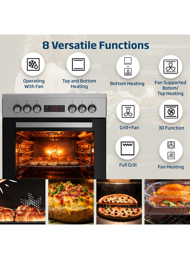 Beko 60x60cm Free Standing Combination Cooker(Gas Hob/Electric Oven), Full Safety, 4 High Efficiency Gas Burner(1 Wok), Cast Iron Pan support,  8 Cooking Multifunction Oven, Pizza Funtion, Conventional Fan Oven, 72 liters Oven Capacity, Steamshine cleaning Oven, Removable Door Glass for Cleaning FSM61330DXDSL Stainless Steel  - Image 4