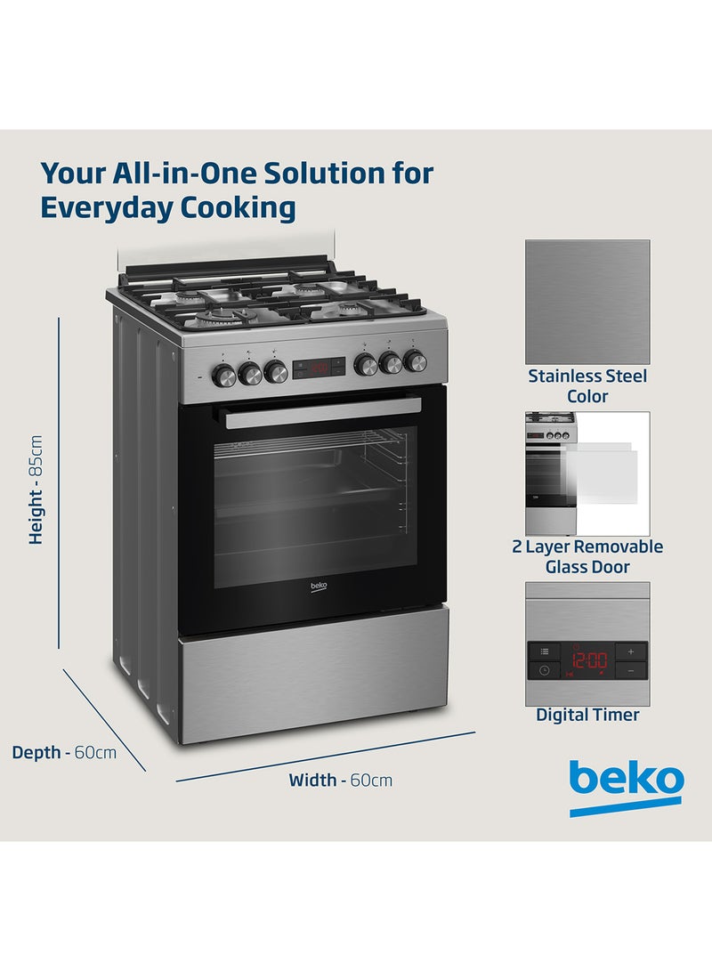Beko 60x60cm Free Standing Combination Cooker(Gas Hob/Electric Oven), Full Safety, 4 High Efficiency Gas Burner(1 Wok), Cast Iron Pan support,  8 Cooking Multifunction Oven, Pizza Funtion, Conventional Fan Oven, 72 liters Oven Capacity, Steamshine cleaning Oven, Removable Door Glass for Cleaning FSM61330DXDSL Stainless Steel  - Image 5