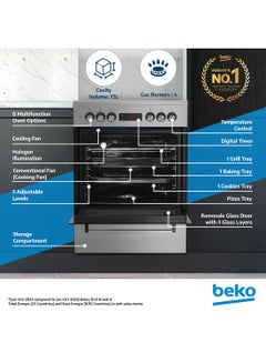 Beko 60x60cm Free Standing Combination Cooker(Gas Hob/Electric Oven), Full Safety, 4 High Efficiency Gas Burner(1 Wok), Cast Iron Pan support,  8 Cooking Multifunction Oven, Pizza Funtion, Conventional Fan Oven, 72 liters Oven Capacity, Steamshine cleaning Oven, Removable Door Glass for Cleaning FSM61330DXDSL Stainless Steel  - Image 2