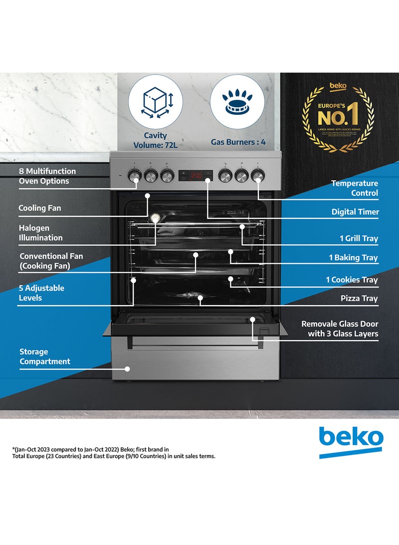 Beko 60x60cm Free Standing Combination Cooker(Gas Hob/Electric Oven), Full Safety, 4 High Efficiency Gas Burner(1 Wok), Cast Iron Pan support,  8 Cooking Multifunction Oven, Pizza Funtion, Conventional Fan Oven, 72 liters Oven Capacity, Steamshine cleaning Oven, Removable Door Glass for Cleaning FSM61330DXDSL Stainless Steel  - Image 2