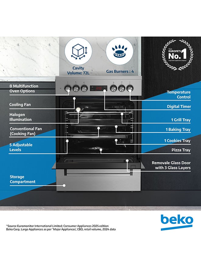 Beko 60x60cm Free Standing Combination Cooker(Gas Hob/Electric Oven), Full Safety, 4 High Efficiency Gas Burner(1 Wok), Cast Iron Pan support,  8 Cooking Multifunction Oven, Pizza Funtion, Conventional Fan Oven, 72 liters Oven Capacity, Steamshine cleaning Oven, Removable Door Glass for Cleaning FSM61330DXDSL Stainless Steel  - Image 2