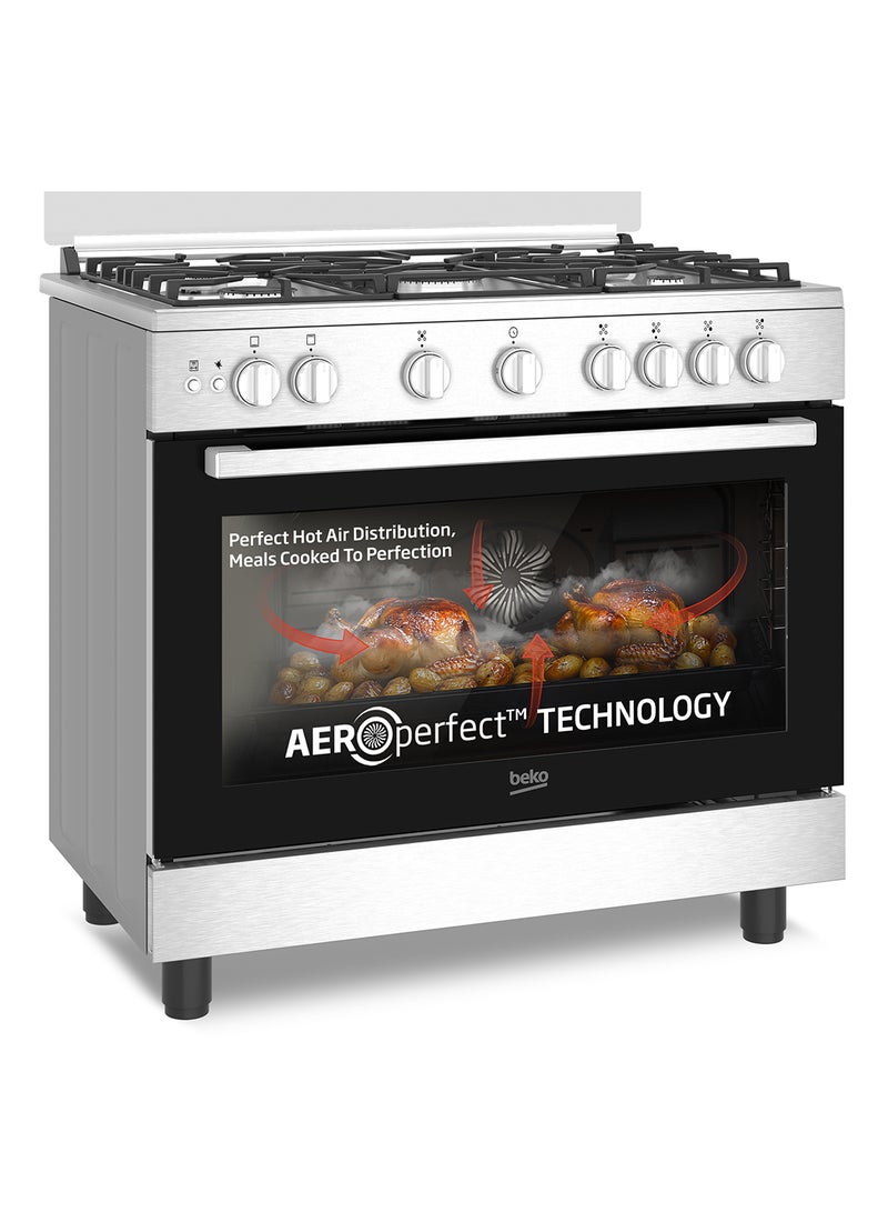 Beko 90x60cm Free Standing Gas Cooker, Full Safety, 5 High Efficiency Gas Burner(1 Wok), Cast Iron Pan Support, Conventional Fan Oven, 106 liters Oven Capacity, Catalytic Self Cleaning Oven Walls, Removable Door Glass for Cleaning BGGR 11127 GX Stainless Steel  - Image 1